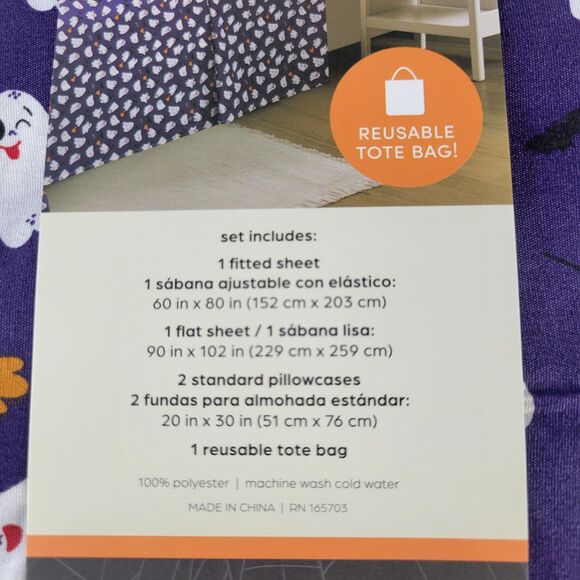 Halloween Purple White Cheeky Ghosts Boos Bones QUEEN 5pc Sheet Set Boys Bedding - Picture 7 of 11